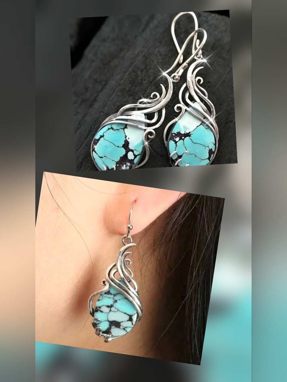 Vintage Style Silver Wrapped Dangle Stone Earrings. NWT. Fast Ship.